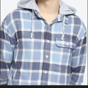 American Eagle Blue Small Plaid Flannel REMOVEABLE Hood #68